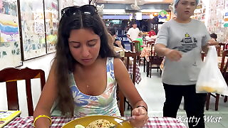 Katty rations lunch in an Asian cafe without panties increased by flashing pussy in public